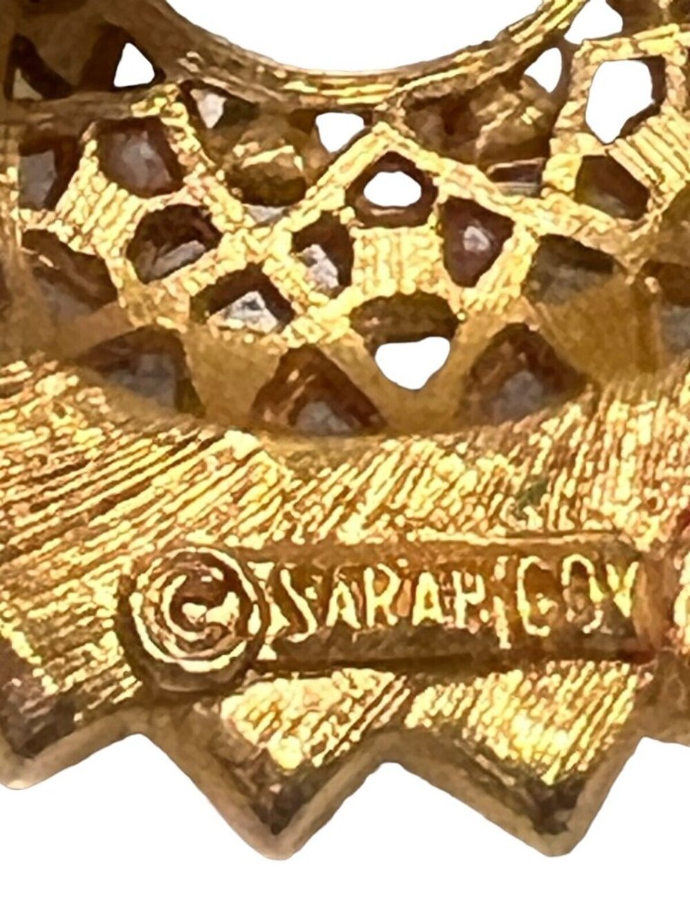 Sarah Cov Signed Vintage Amber Turquoise Rhinestone Gold Costume Brooch Pin - Picture 7 of 9